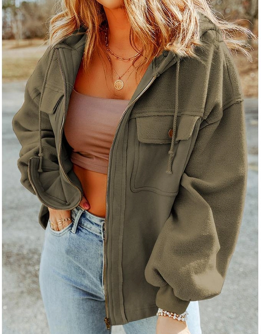 Green Flap Pocket Drawstring Hood Zip Up Jacket