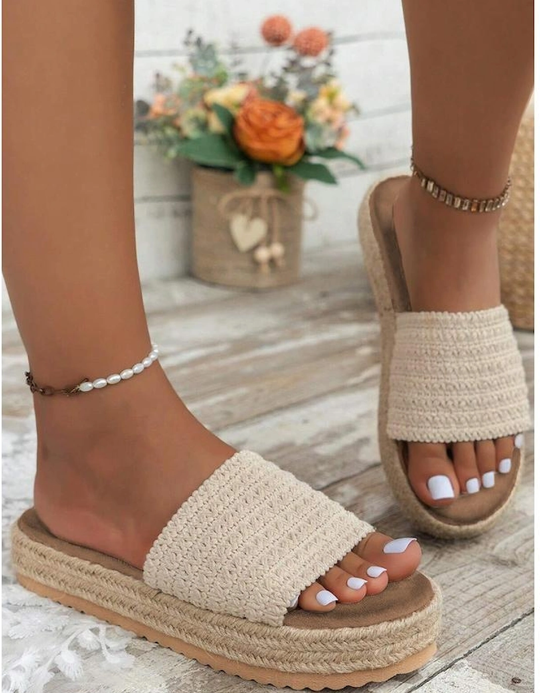 White Boho Woven Non-slip Wedge Slippers
