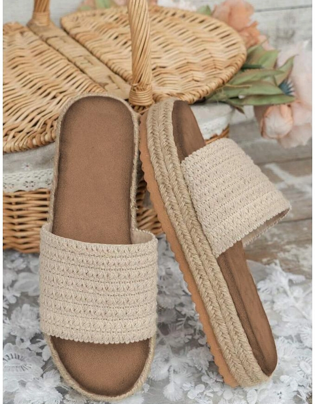 White Boho Woven Non-slip Wedge Slippers