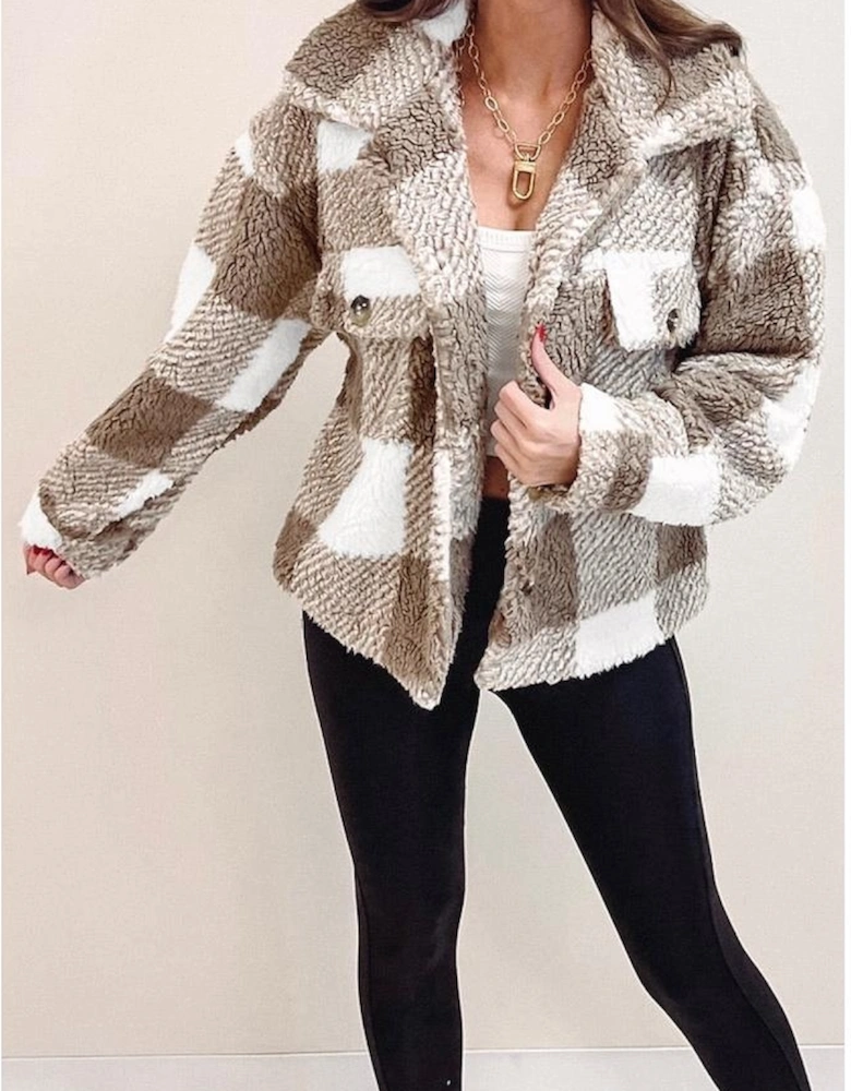 Khaki Plaid Sherpa Buttoned Flap Pocket Shacket