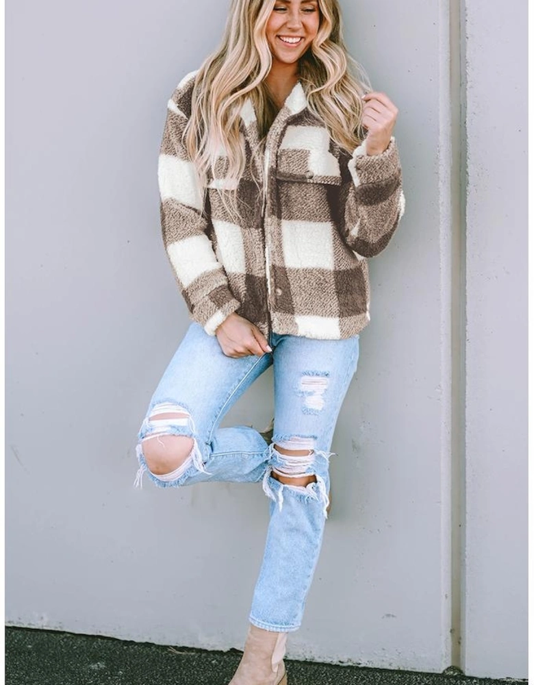 Khaki Plaid Sherpa Buttoned Flap Pocket Shacket
