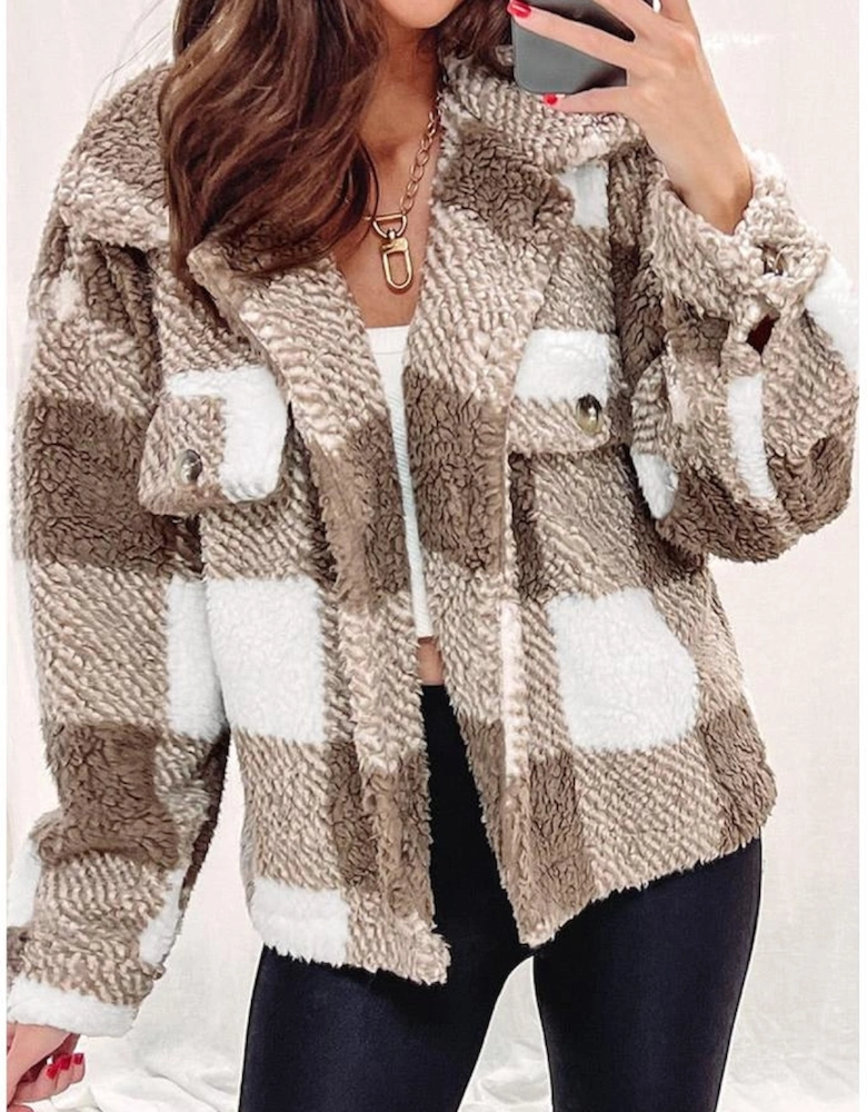 Khaki Plaid Sherpa Buttoned Flap Pocket Shacket