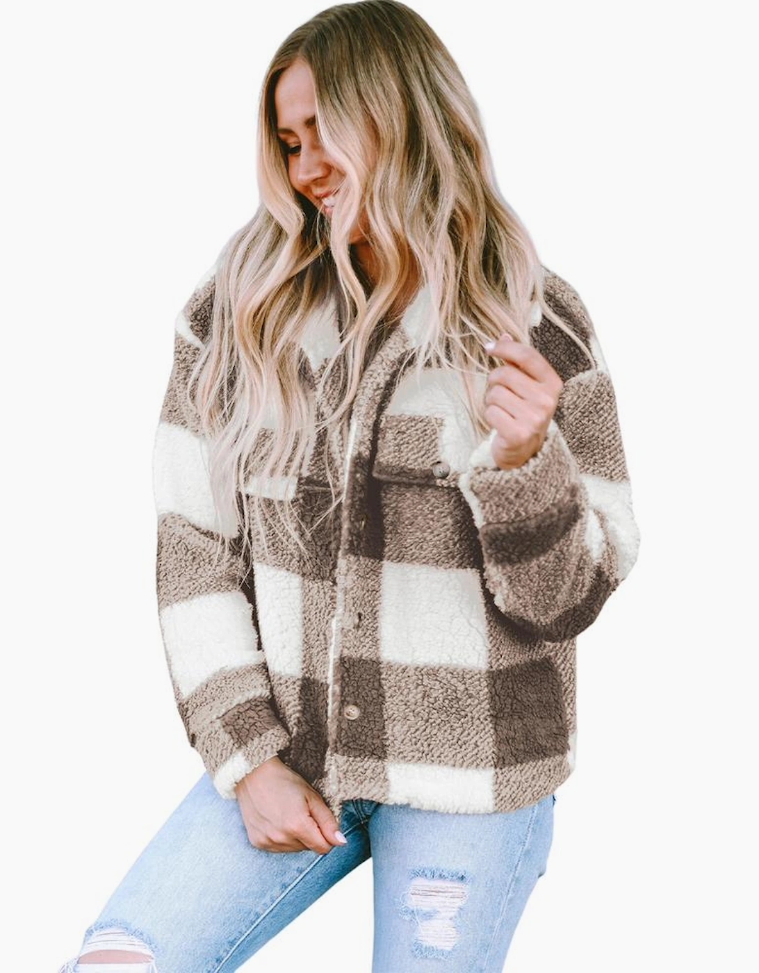 Khaki Plaid Sherpa Buttoned Flap Pocket Shacket