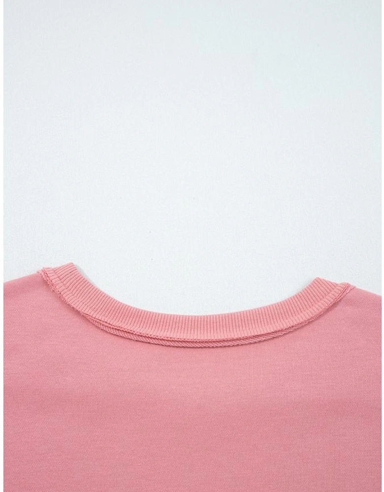 Peach Blossom Floral Applique Baggy Pullover Sweatshirt