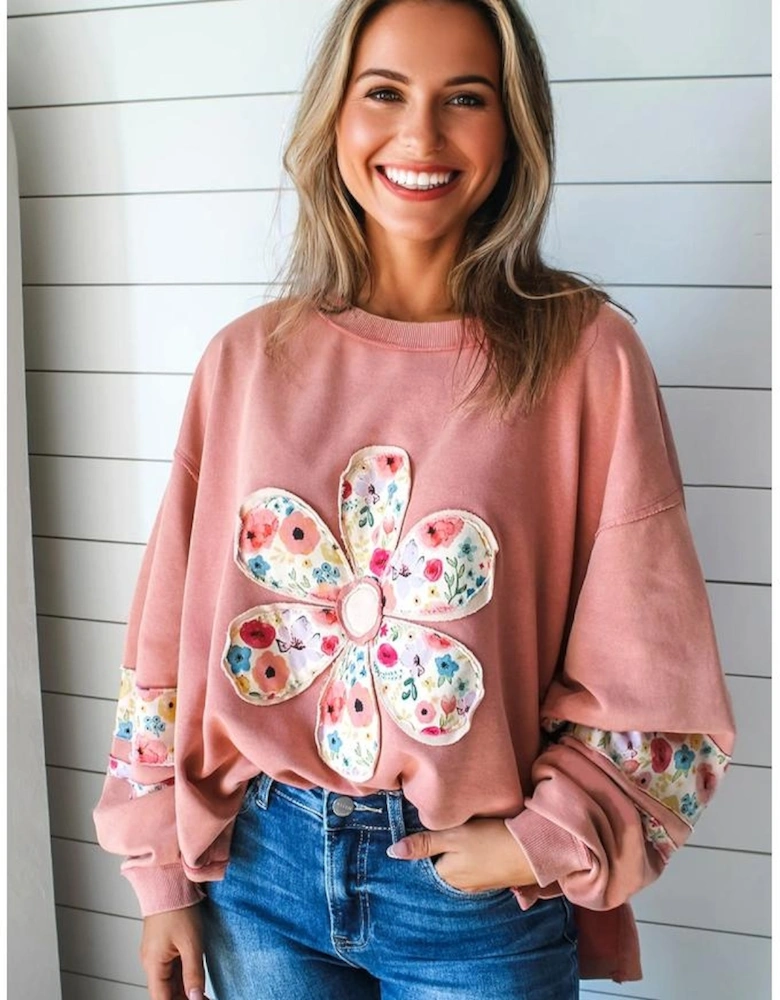 Peach Blossom Floral Applique Baggy Pullover Sweatshirt