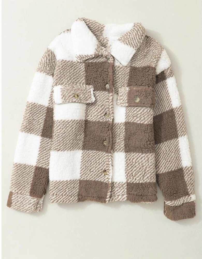 Khaki Plaid Sherpa Buttoned Flap Pocket Shacket