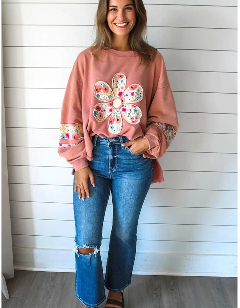 Peach Blossom Floral Applique Baggy Pullover Sweatshirt