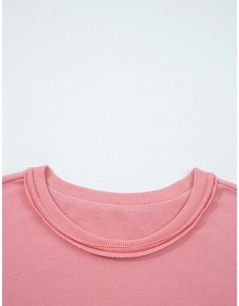 Peach Blossom Floral Applique Baggy Pullover Sweatshirt