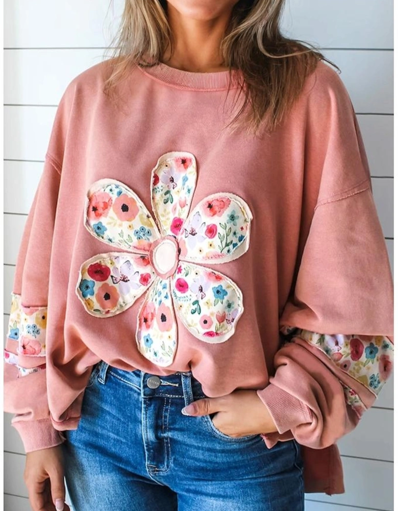 Peach Blossom Floral Applique Baggy Pullover Sweatshirt