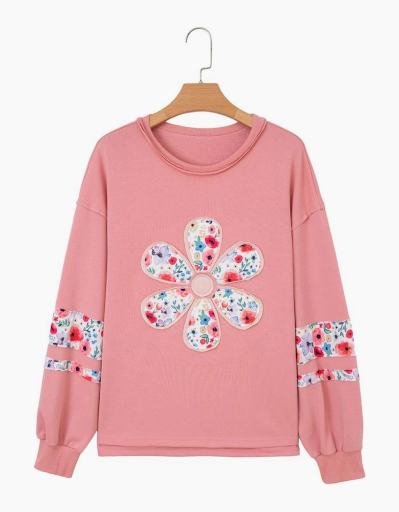 Peach Blossom Floral Applique Baggy Pullover Sweatshirt