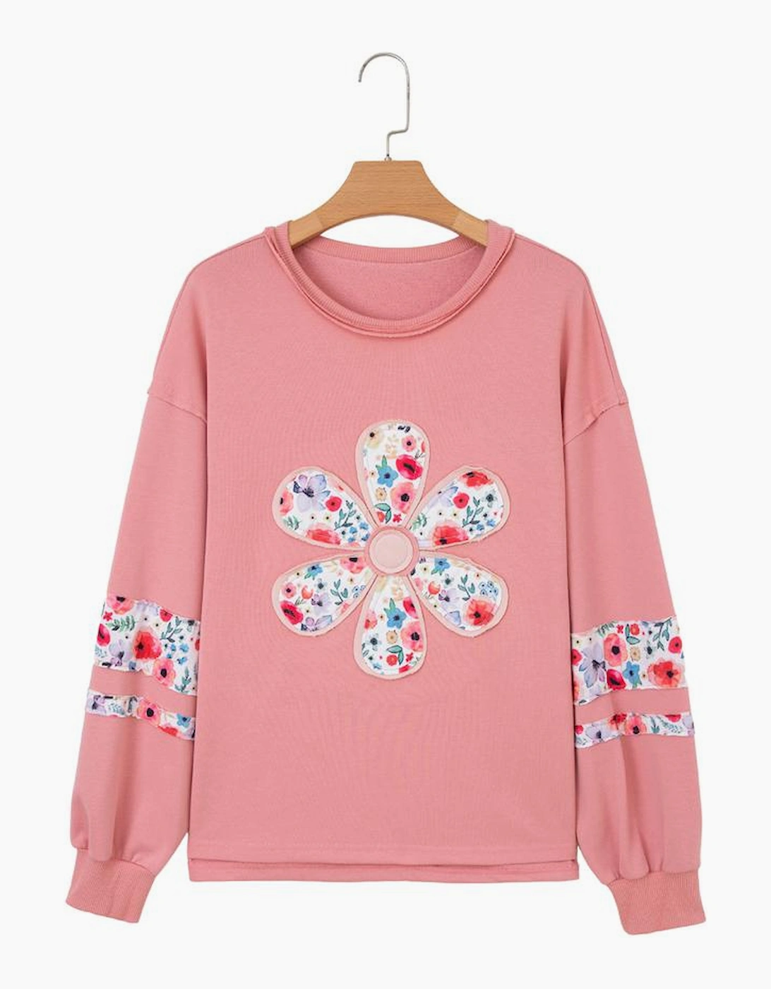 Peach Blossom Floral Applique Baggy Pullover Sweatshirt