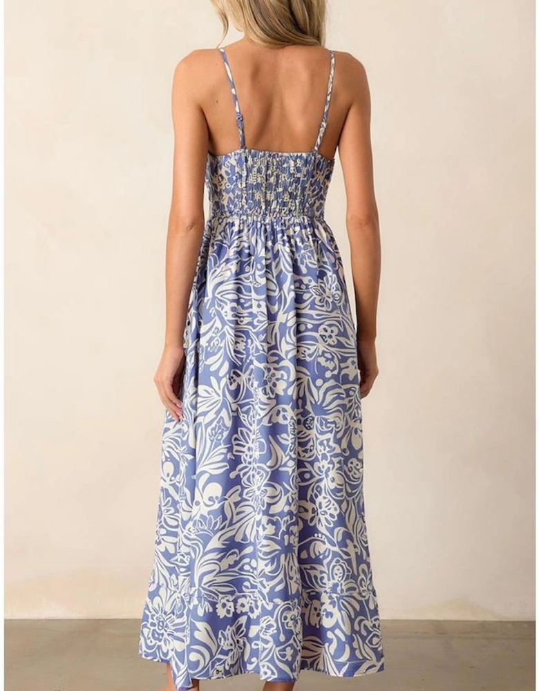 Sky Blue Floral Print Spaghetti Strap High Waist Maxi Dress