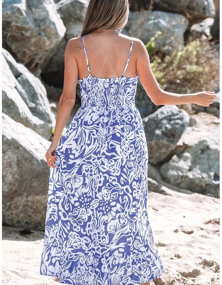 Sky Blue Floral Print Spaghetti Strap High Waist Maxi Dress
