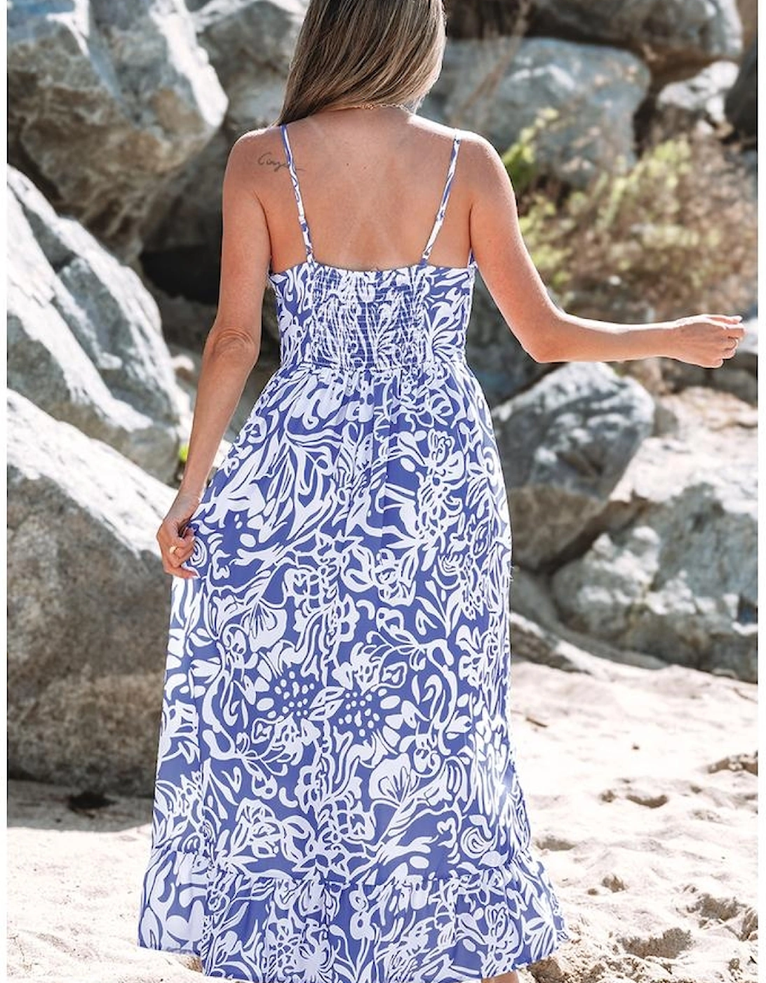 Sky Blue Floral Print Spaghetti Strap High Waist Maxi Dress