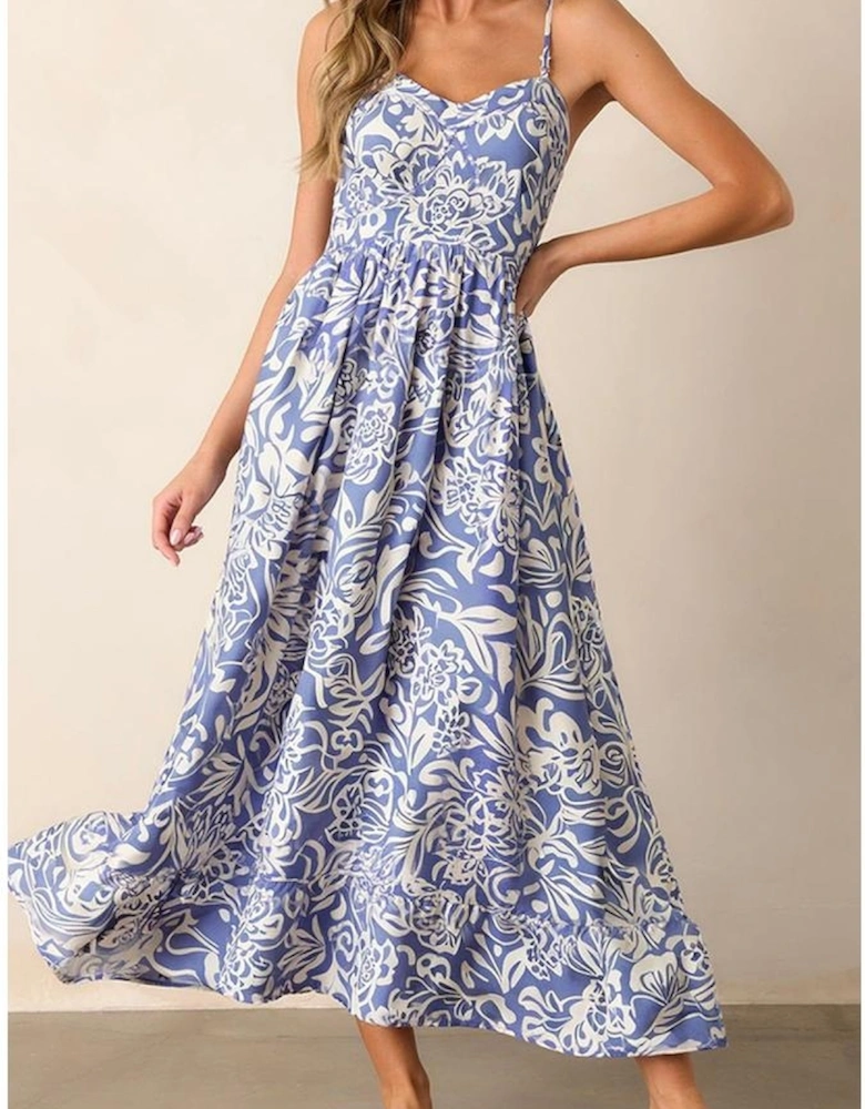 Sky Blue Floral Print Spaghetti Strap High Waist Maxi Dress