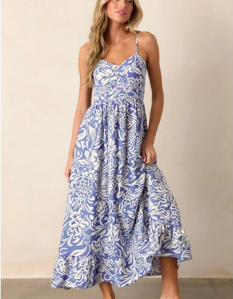 Sky Blue Floral Print Spaghetti Strap High Waist Maxi Dress