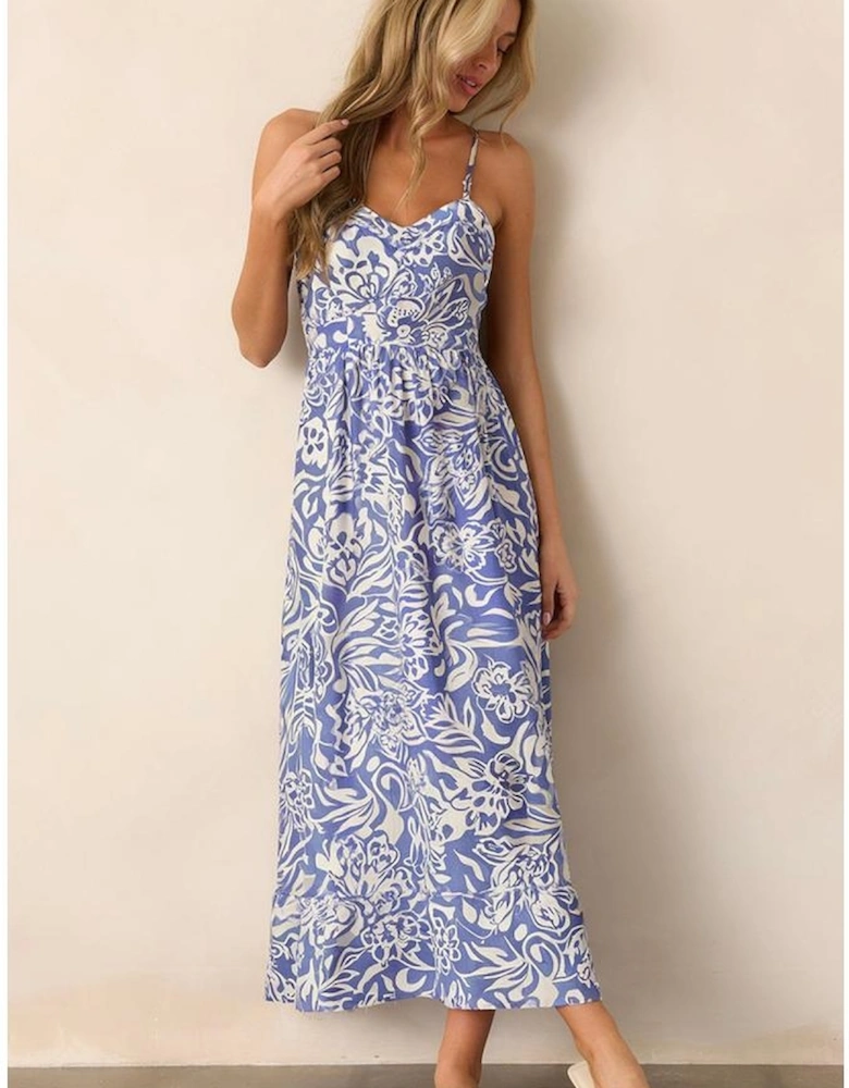 Sky Blue Floral Print Spaghetti Strap High Waist Maxi Dress
