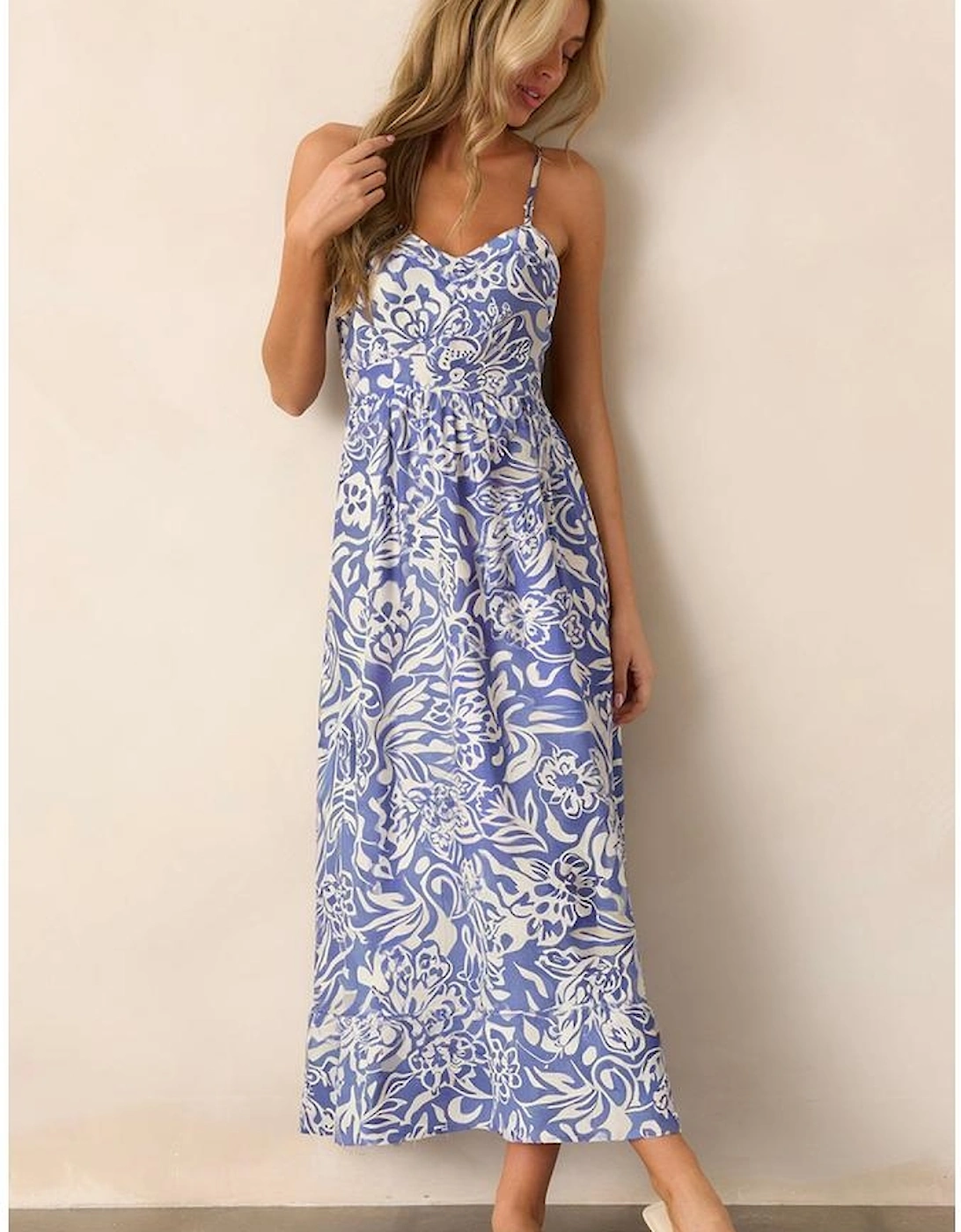 Sky Blue Floral Print Spaghetti Strap High Waist Maxi Dress