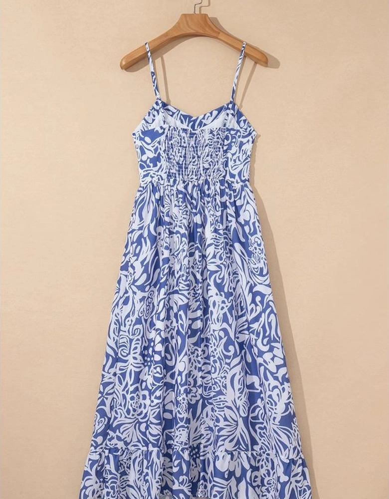 Sky Blue Floral Print Spaghetti Strap High Waist Maxi Dress