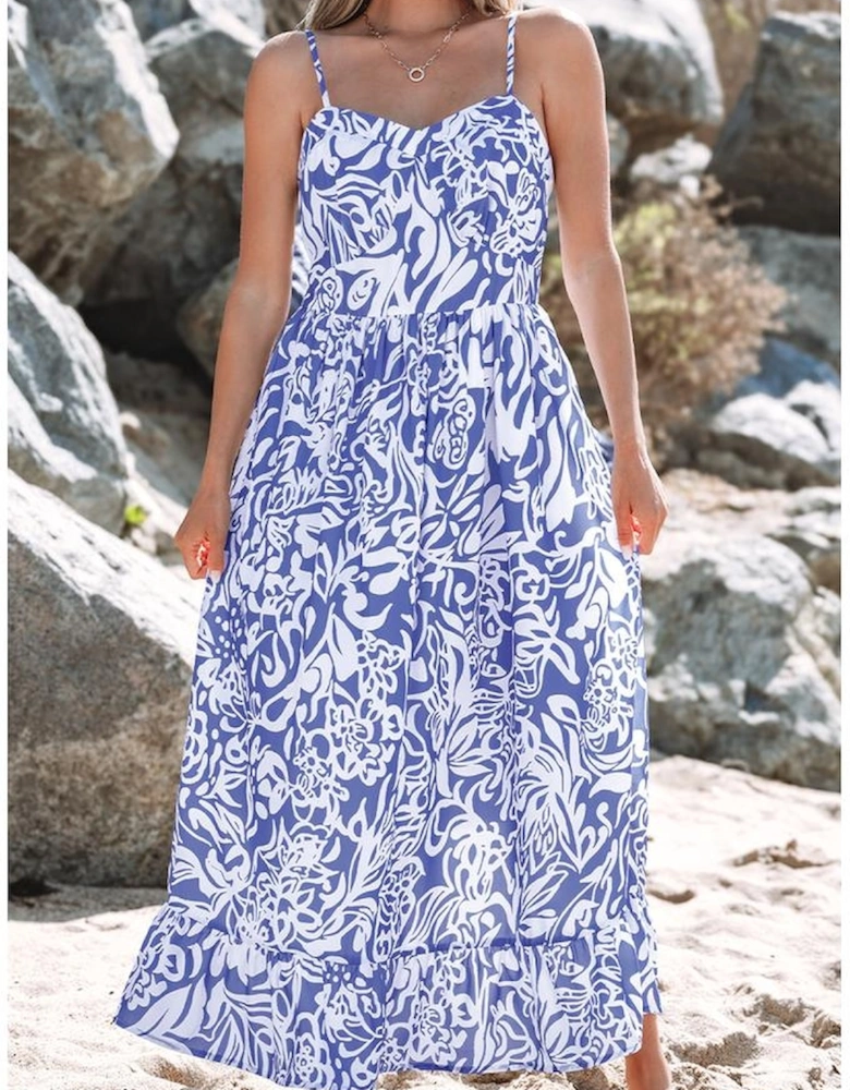 Sky Blue Floral Print Spaghetti Strap High Waist Maxi Dress