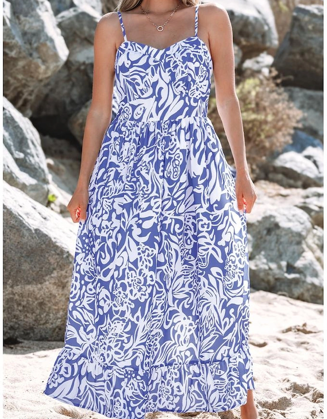 Sky Blue Floral Print Spaghetti Strap High Waist Maxi Dress