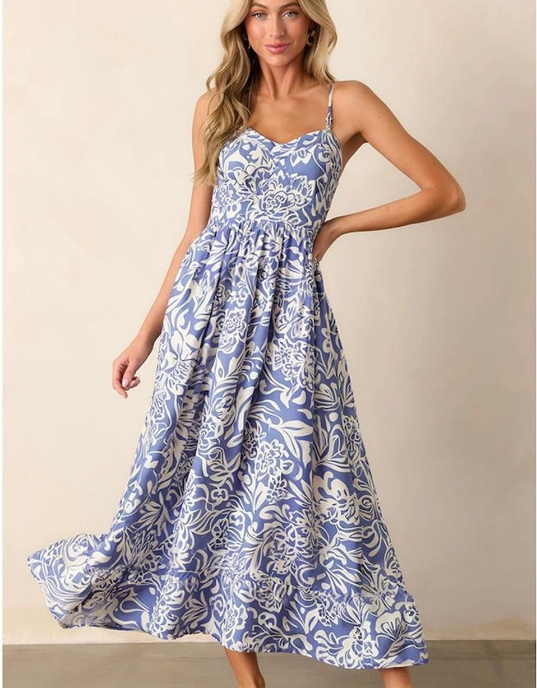 Sky Blue Floral Print Spaghetti Strap High Waist Maxi Dress