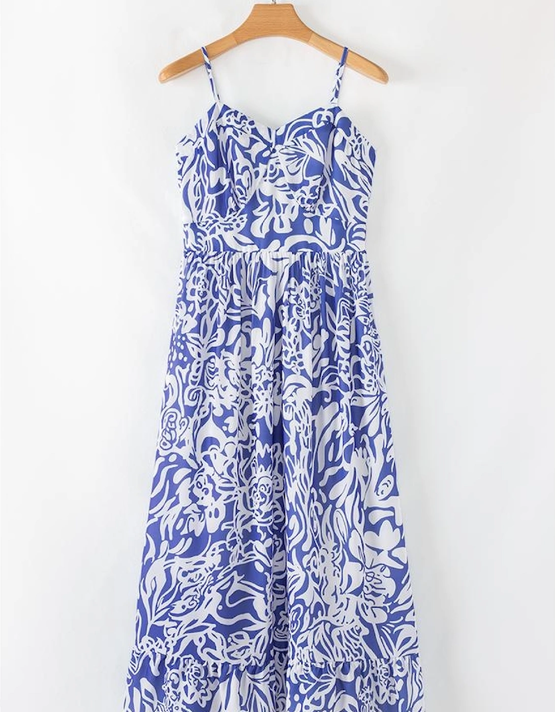 Sky Blue Floral Print Spaghetti Strap High Waist Maxi Dress