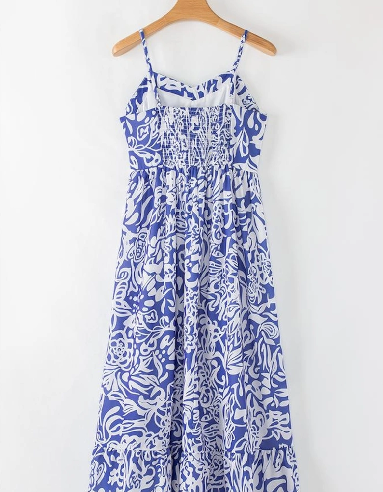 Sky Blue Floral Print Spaghetti Strap High Waist Maxi Dress