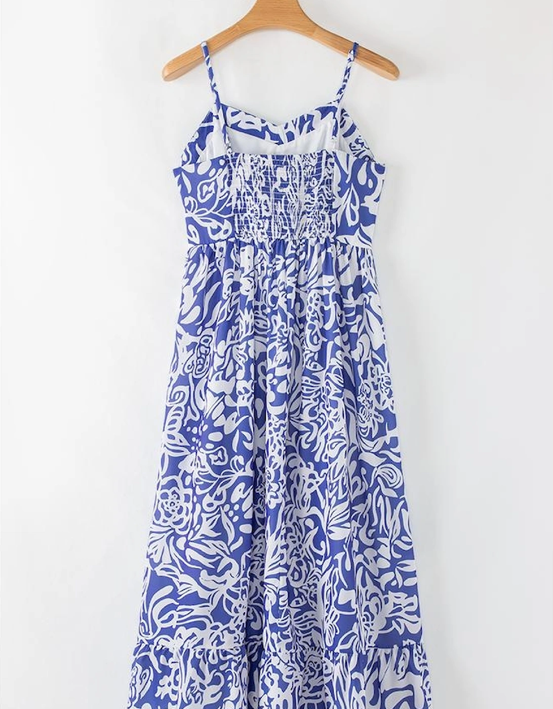 Sky Blue Floral Print Spaghetti Strap High Waist Maxi Dress