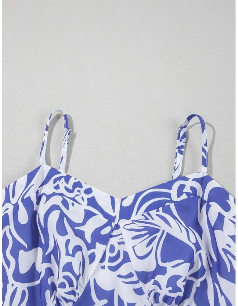 Sky Blue Floral Print Spaghetti Strap High Waist Maxi Dress
