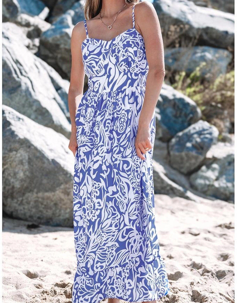 Sky Blue Floral Print Spaghetti Strap High Waist Maxi Dress