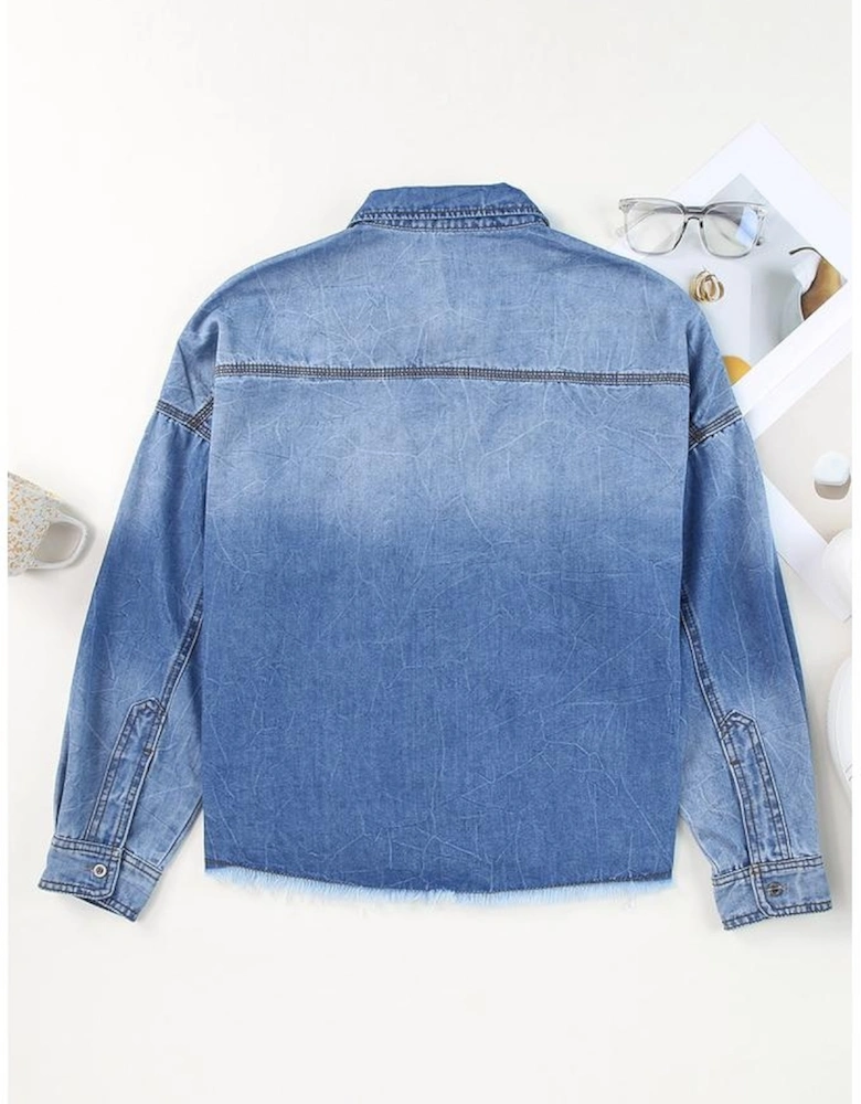 Sky Blue Sequin Rugby Football Graphic Flap Pockets Raw Hem Game Day Denim Jacket