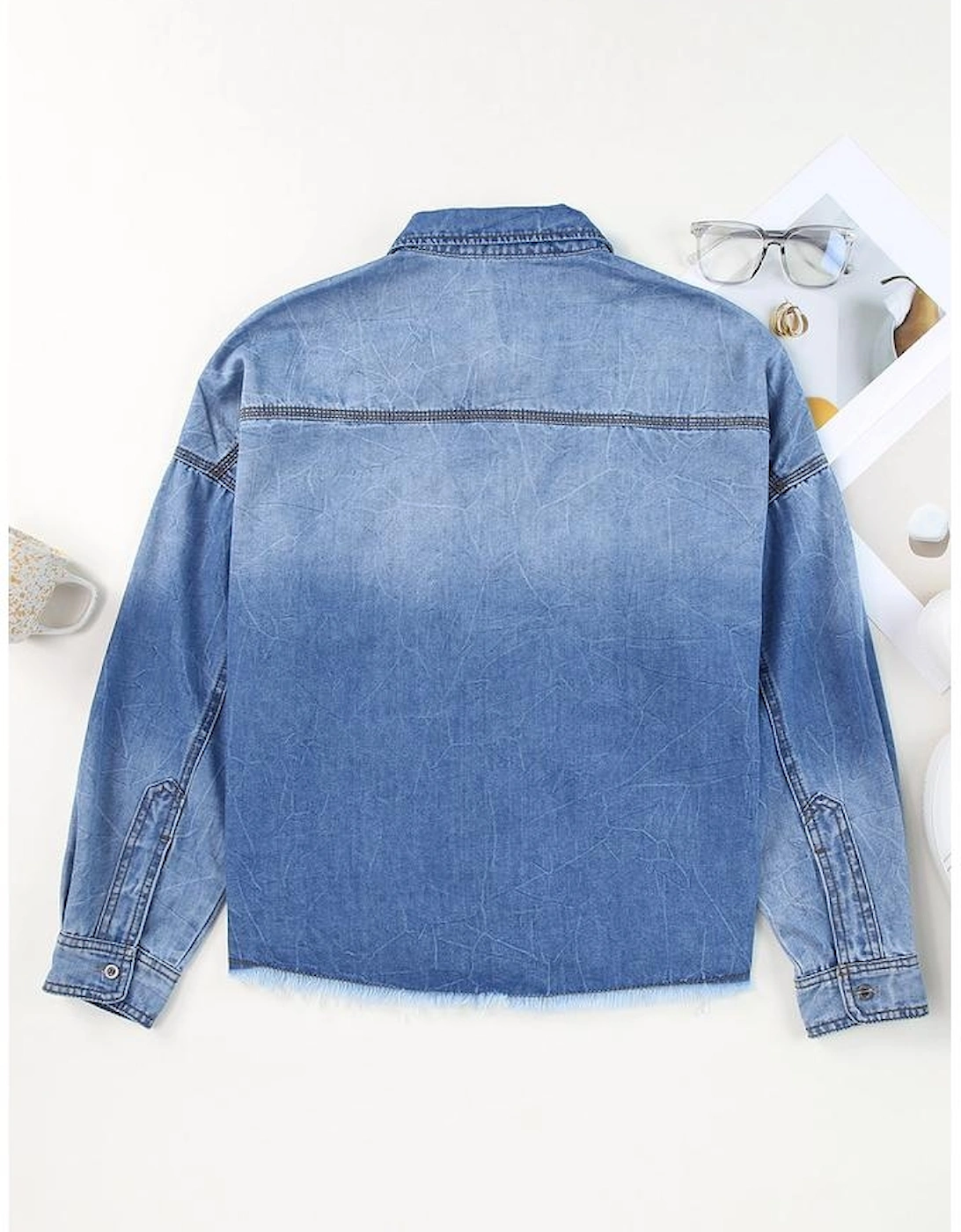 Sky Blue Sequin Rugby Football Graphic Flap Pockets Raw Hem Game Day Denim Jacket