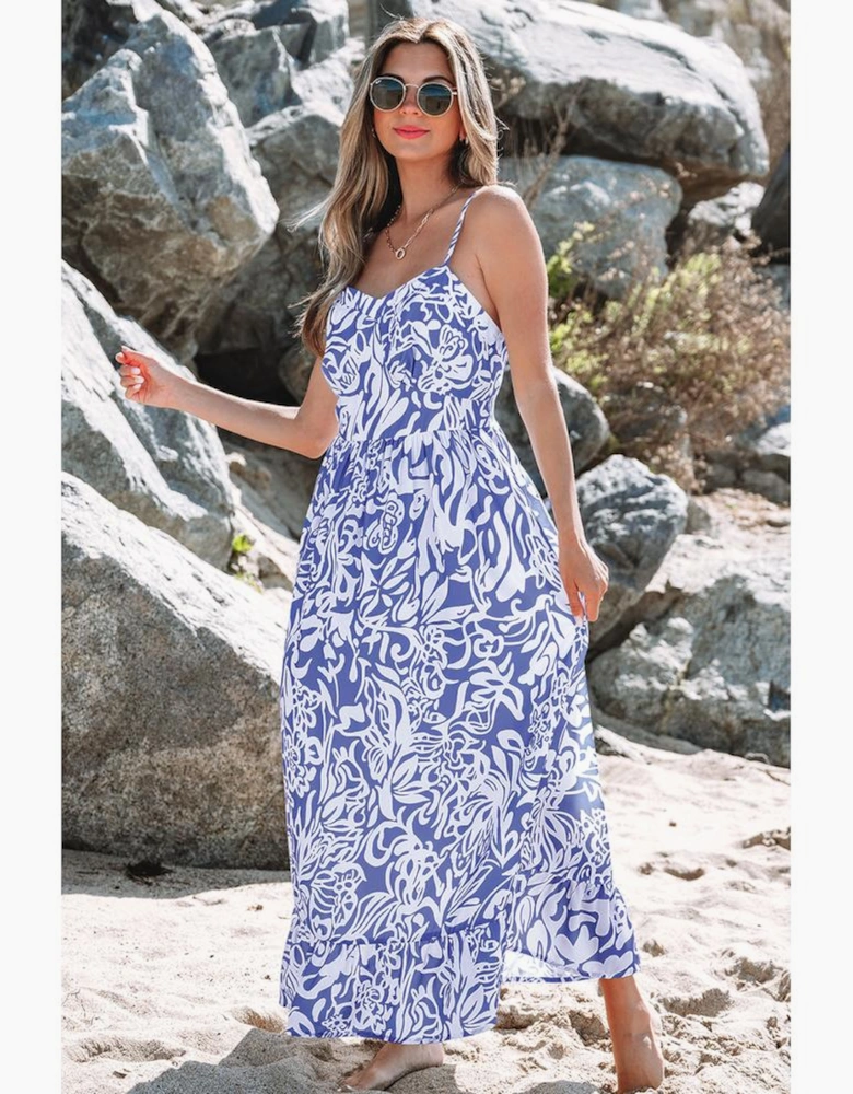 Sky Blue Floral Print Spaghetti Strap High Waist Maxi Dress
