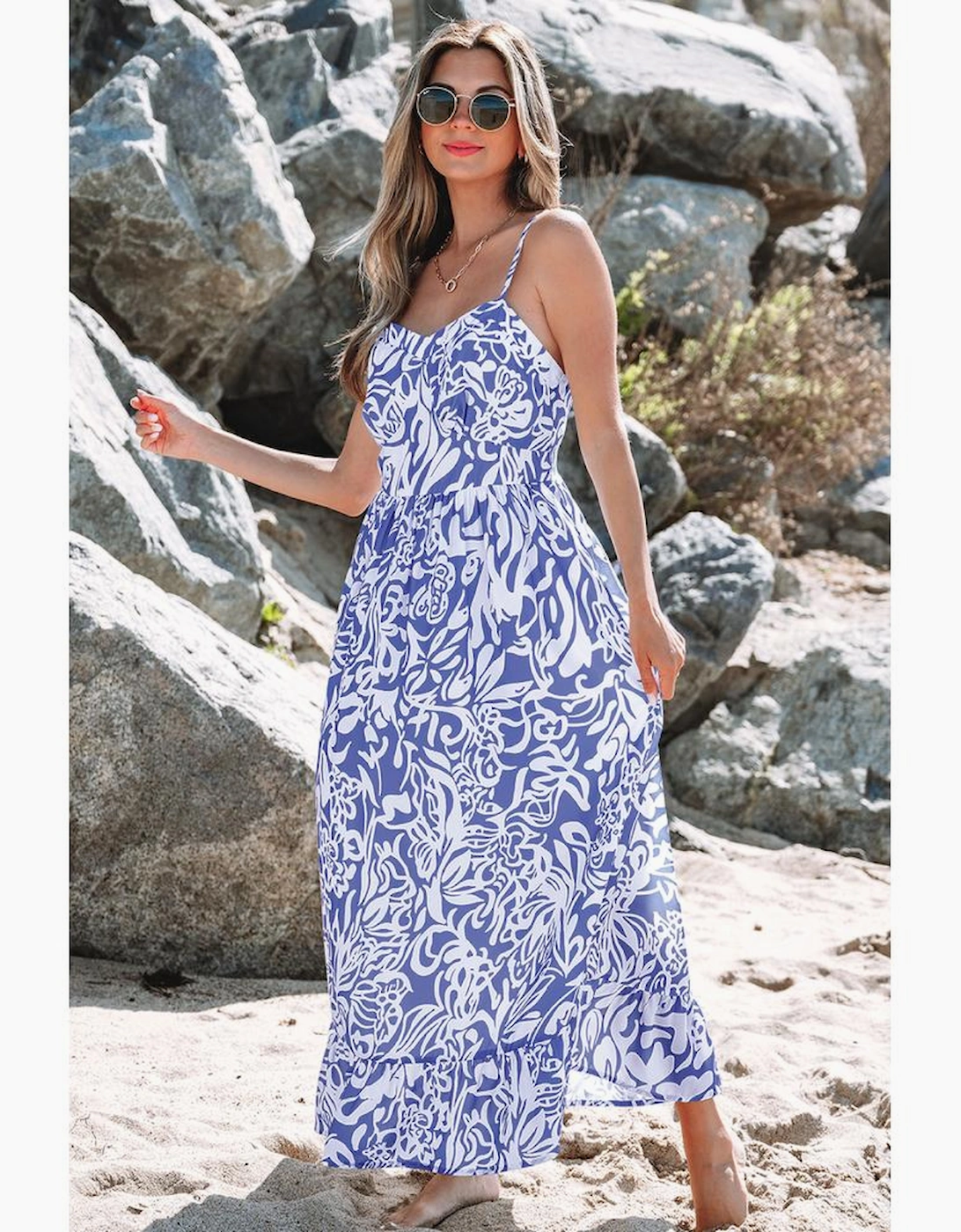 Sky Blue Floral Print Spaghetti Strap High Waist Maxi Dress