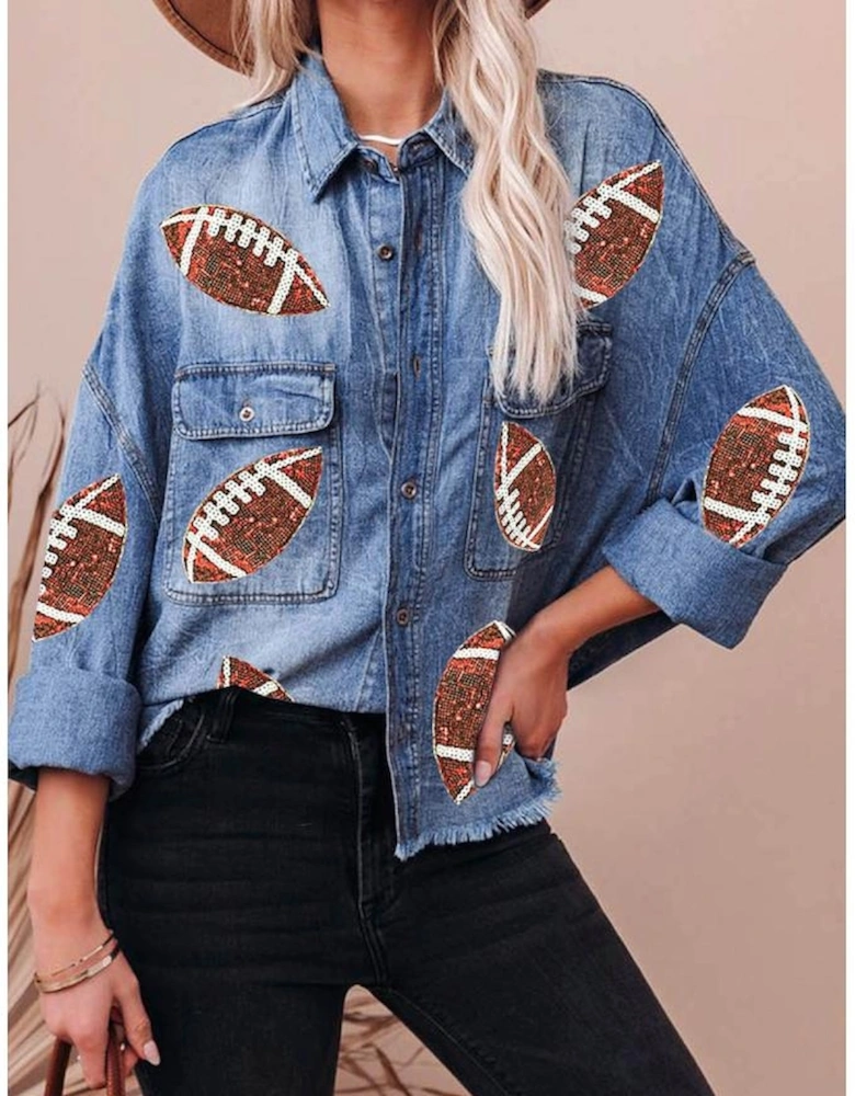 Sky Blue Sequin Rugby Football Graphic Flap Pockets Raw Hem Game Day Denim Jacket