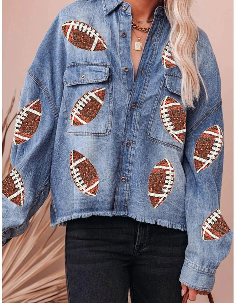 Sky Blue Sequin Rugby Football Graphic Flap Pockets Raw Hem Game Day Denim Jacket