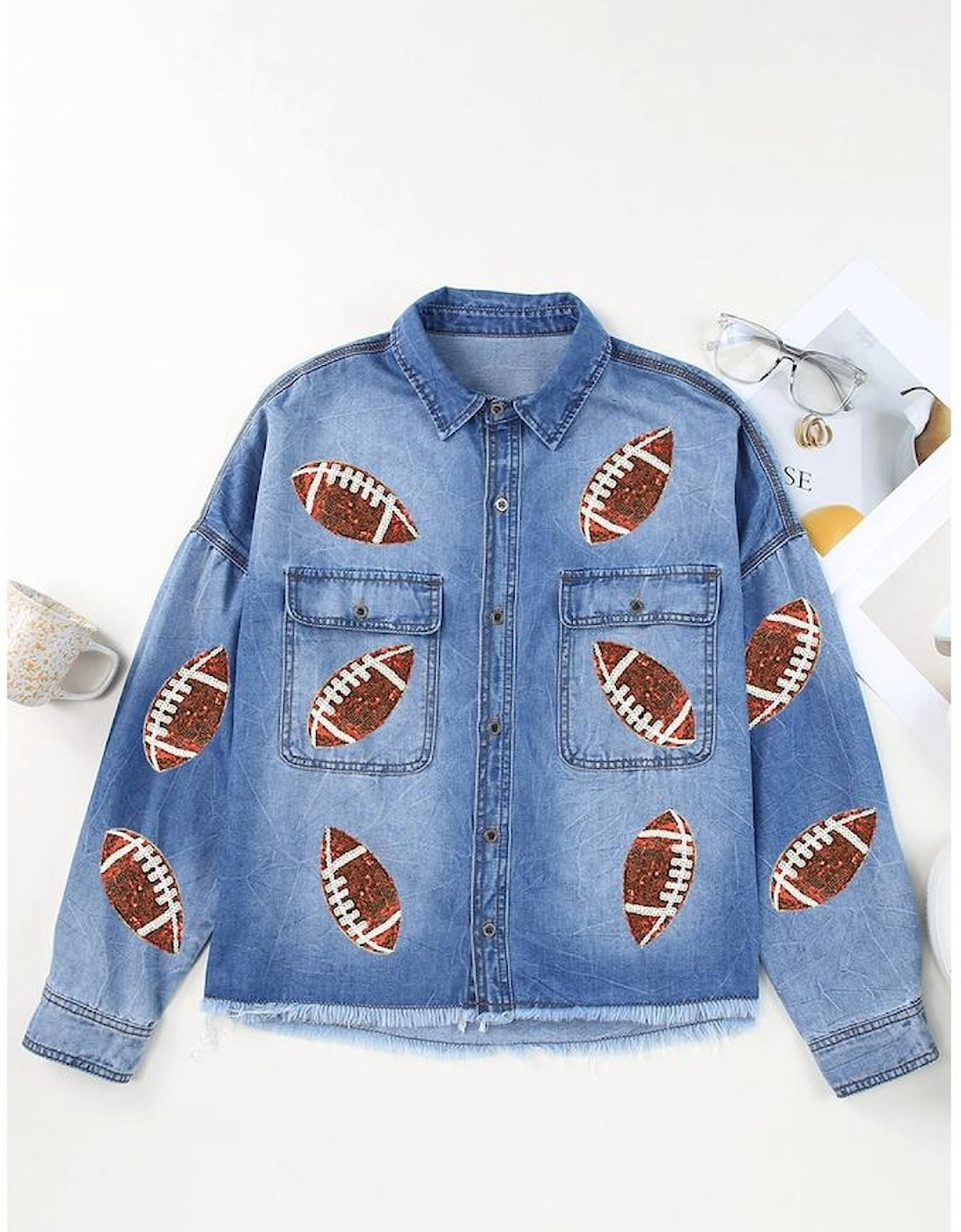 Sky Blue Sequin Rugby Football Graphic Flap Pockets Raw Hem Game Day Denim Jacket