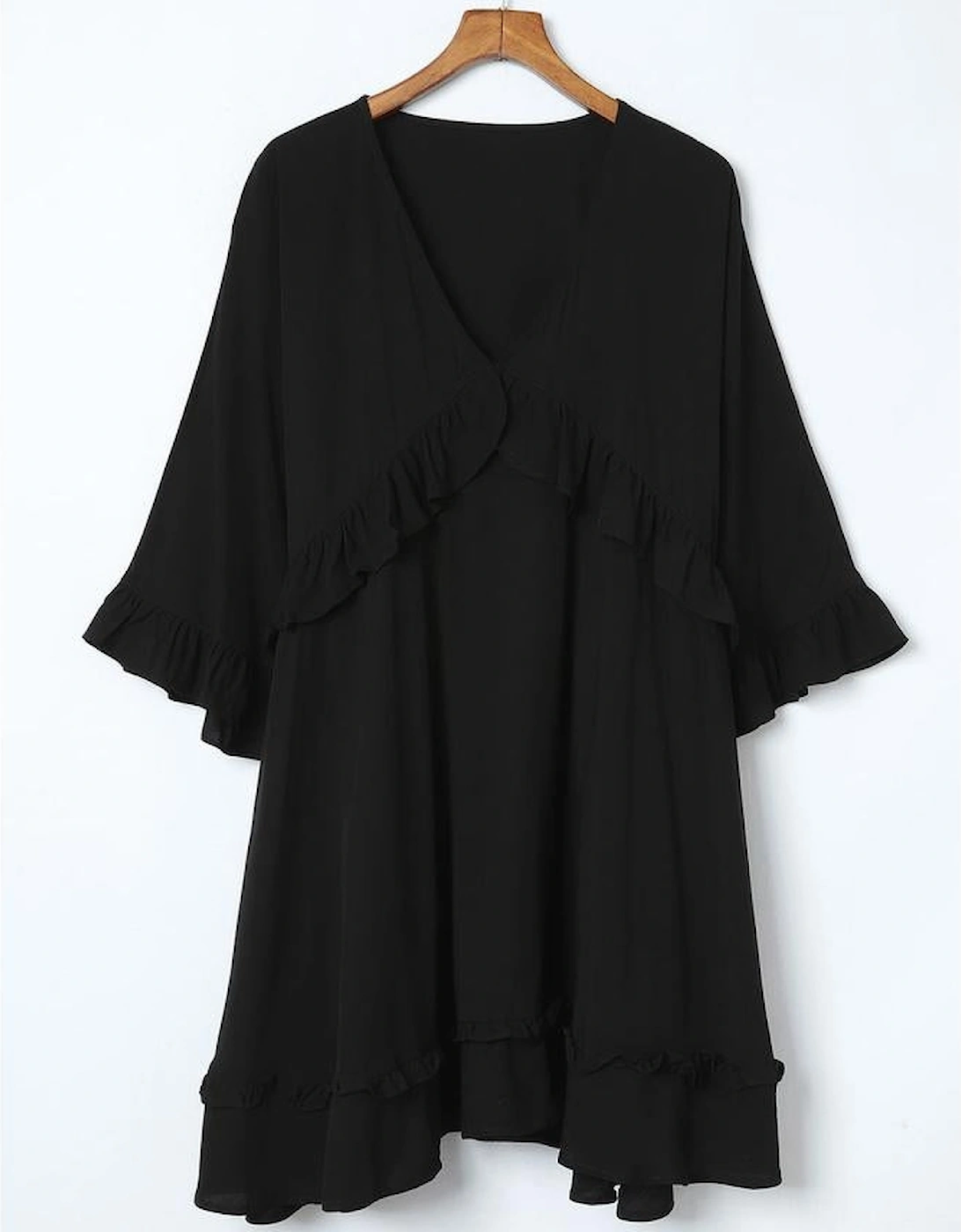 Black Ruffled 3/4 Sleeve V Neck Babydoll Mini Dress