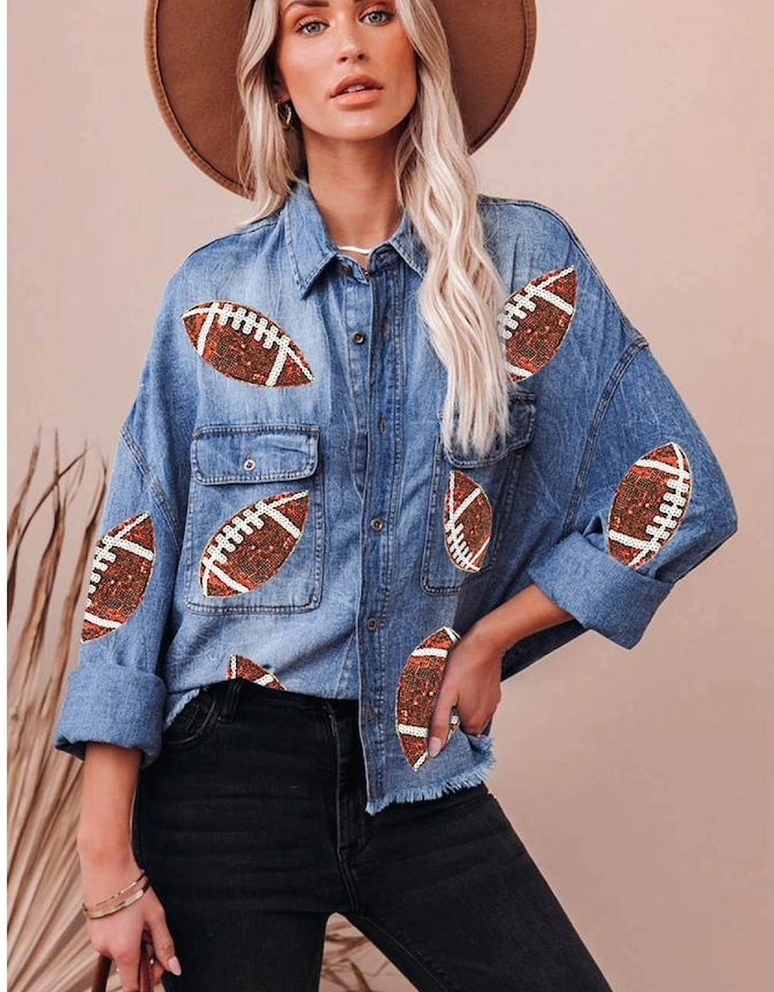 Sky Blue Sequin Rugby Football Graphic Flap Pockets Raw Hem Game Day Denim Jacket