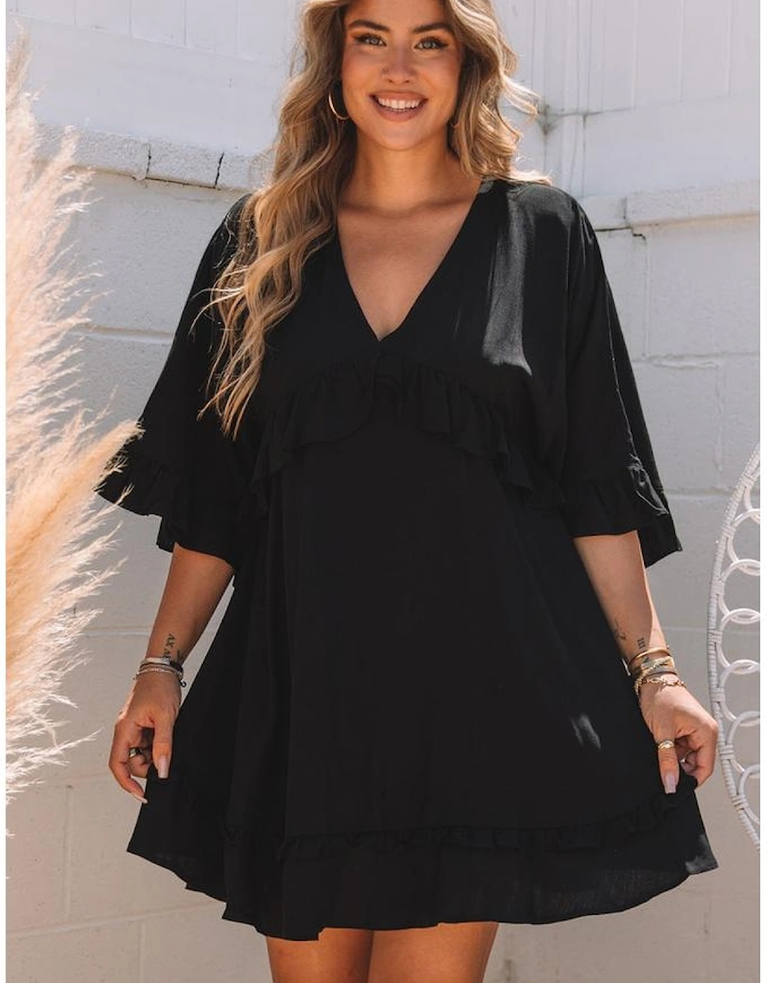 Black Ruffled 3/4 Sleeve V Neck Babydoll Mini Dress