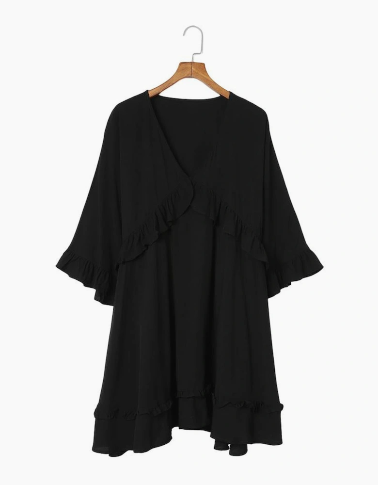 Black Ruffled 3/4 Sleeve V Neck Babydoll Mini Dress