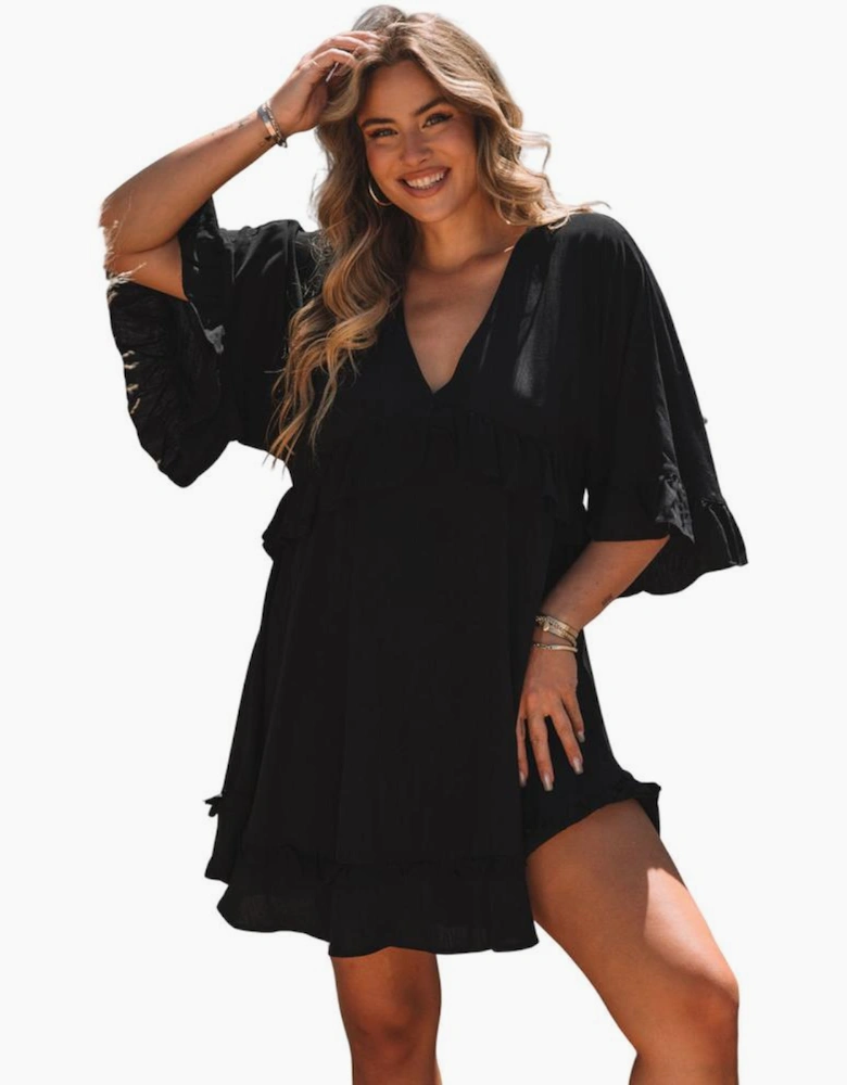 Black Ruffled 3/4 Sleeve V Neck Babydoll Mini Dress