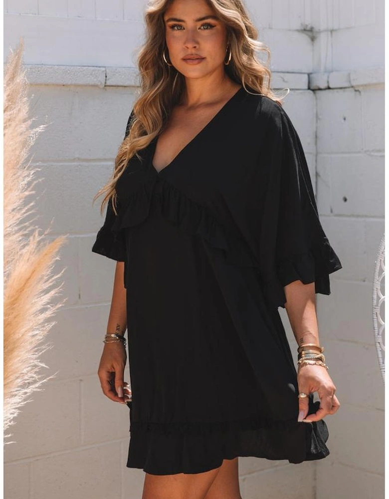 Black Ruffled 3/4 Sleeve V Neck Babydoll Mini Dress
