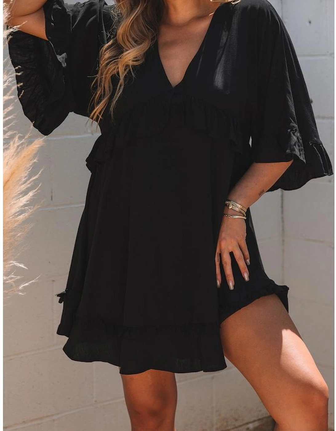 Black Ruffled 3/4 Sleeve V Neck Babydoll Mini Dress, 15 of 14