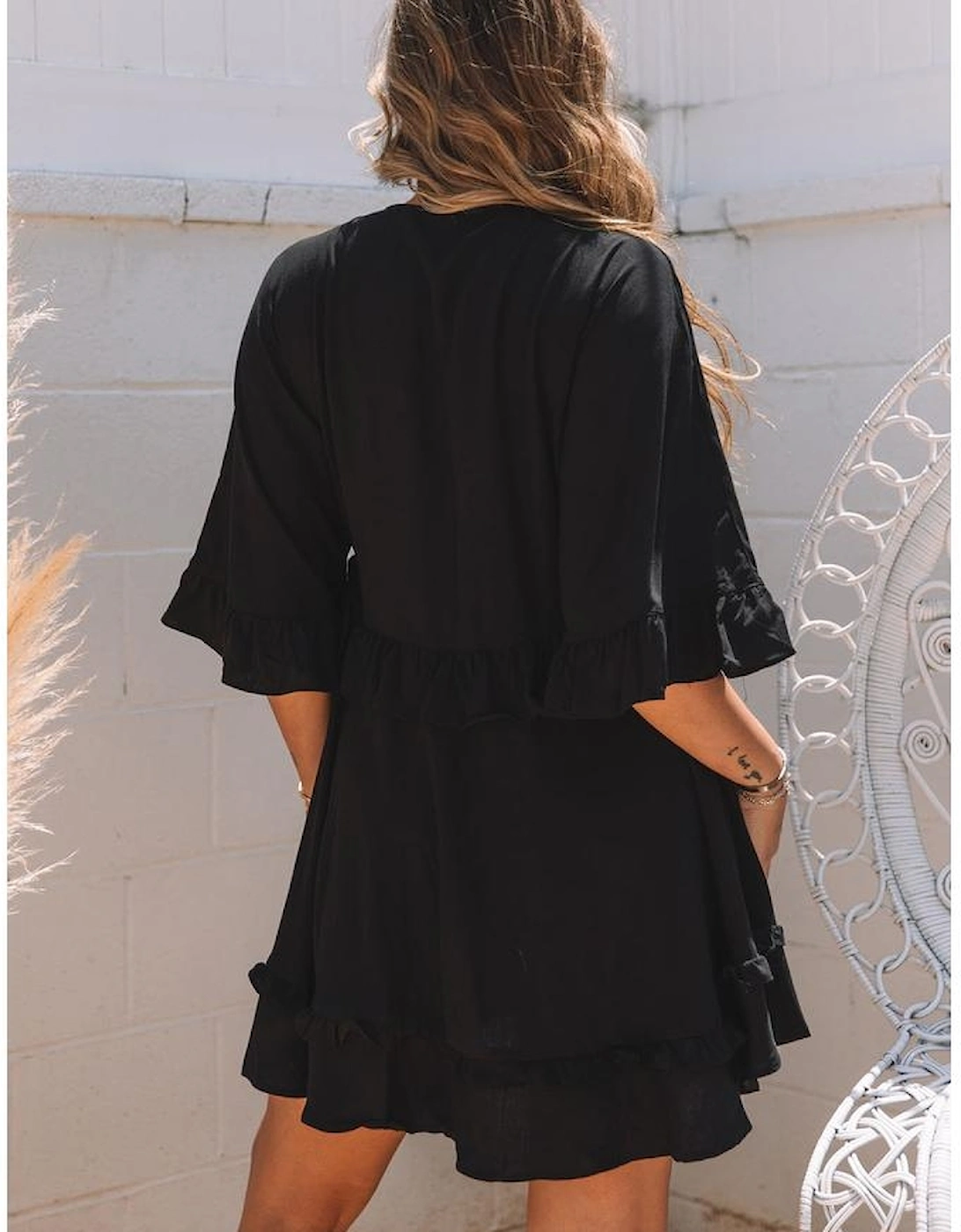 Black Ruffled 3/4 Sleeve V Neck Babydoll Mini Dress