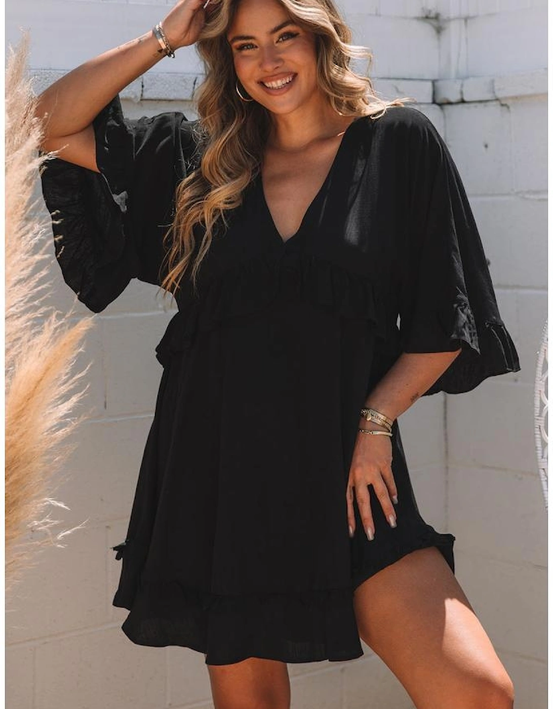 Black Ruffled 3/4 Sleeve V Neck Babydoll Mini Dress