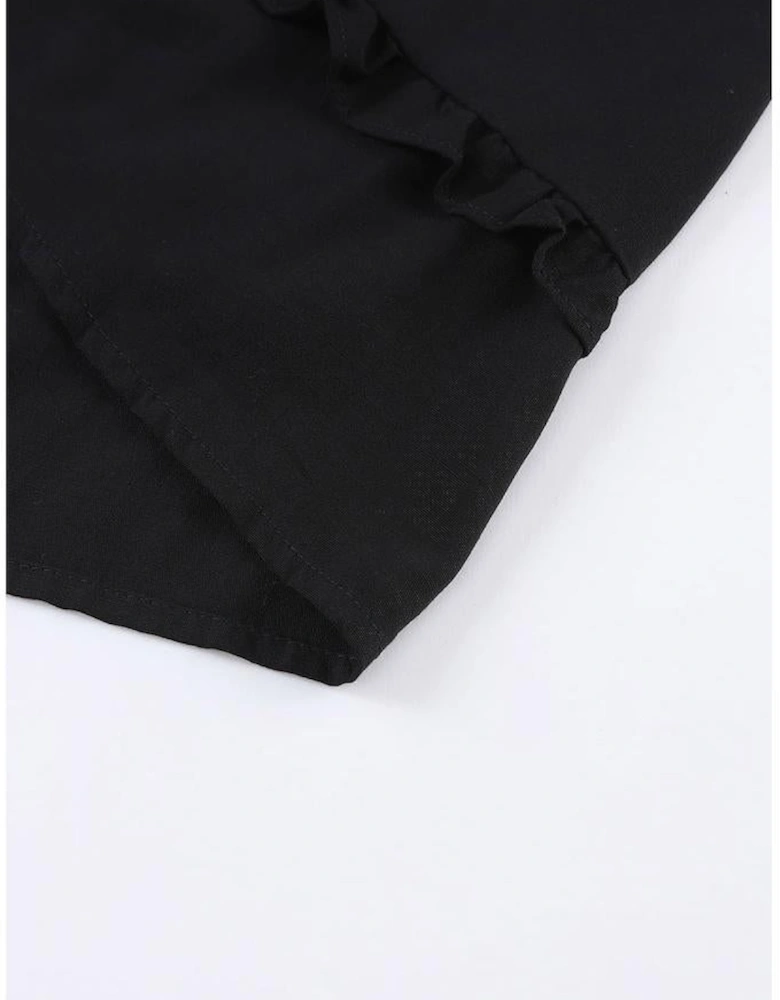 Black Ruffled 3/4 Sleeve V Neck Babydoll Mini Dress