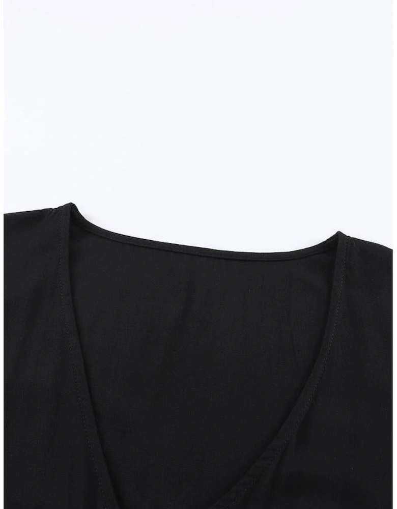 Black Ruffled 3/4 Sleeve V Neck Babydoll Mini Dress