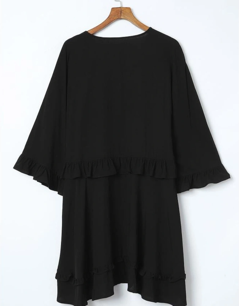 Black Ruffled 3/4 Sleeve V Neck Babydoll Mini Dress